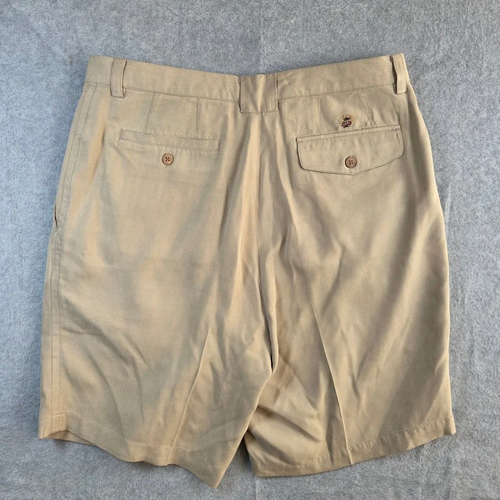 Tommy Bahama Relax Mens 35 Khaki Tan 100% Silk Herringbone Pleated Shorts